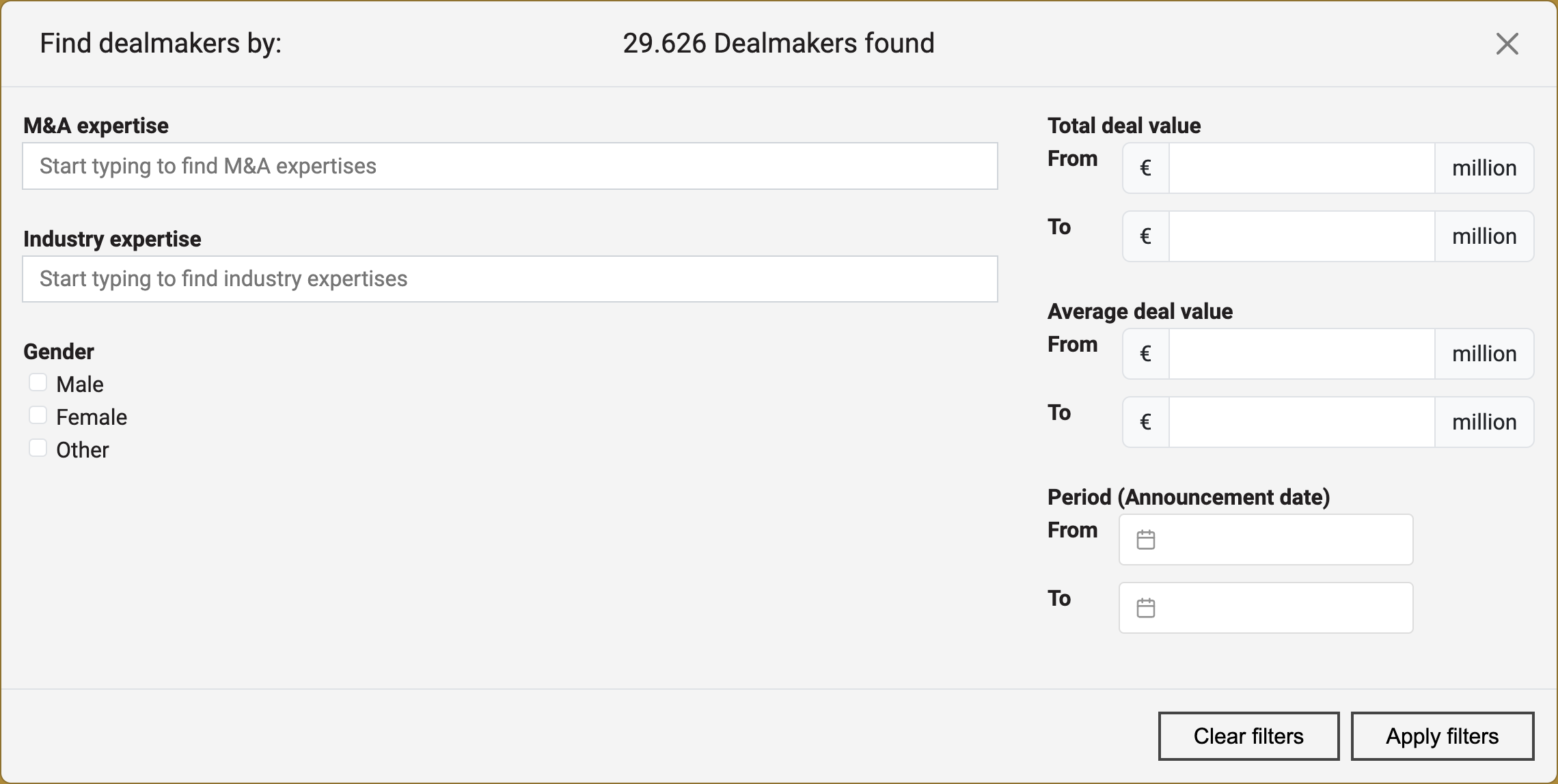 Dealmaker filter options